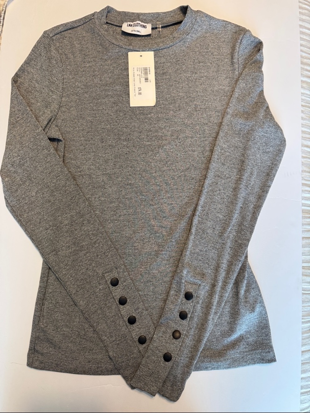LNA Gray Ribbed Long Sleeve Top with Button Cuffs XS